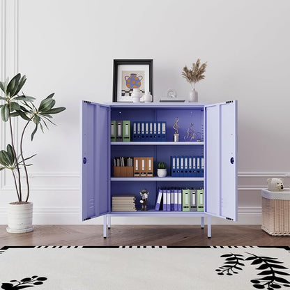 Purple 3 Tier Metal Storage Cabinet with Legs, Lockable 2 Door Metal Locker, Heavy Duty Multipurpose Accent Storage Cabinet with 2 Adjustable Shelves for Home, Office, Entryway and Hallway