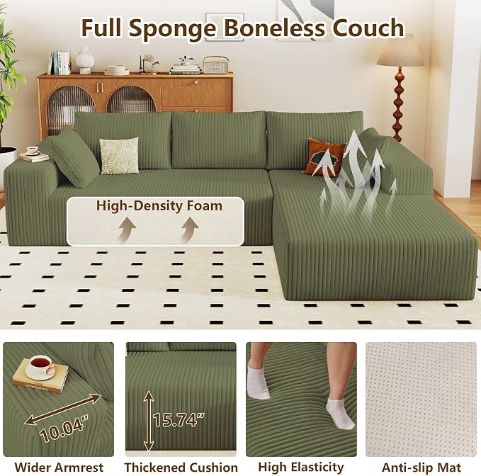 96" Modular Sectional Couch, Boneless L Shaped Cloud Sofa with Chaise Lounge, Corduroy Upholstered Couches Memory Foam Deep Seat, No Assembly Required, Ideal for Living Room(Green, Right Facing)