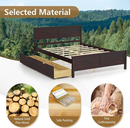 KOMFOTT Full Size Wood Bed Frame with 2 Storage Drawers, Mid Century Platform Bed Frame with Headboard, Sturdy Wooden Slats Support, Modern Mattress Foundation, No Box Spring Required, Easy Assembly
