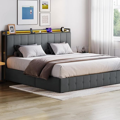 Garvee King Size Lift Up Storage Bed with LED Lights, Upholstered Velvet Bed Frame with Storage Headboard & Charging Station, Metal Platform Bed, No Box Spring Needed, Solid Wooden Slats, Grey