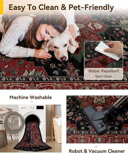 RELEANY Area Rugs 3'x5' Washable Non-Slip, Floral Vintage Distress Medallion Carpet for Living Room Bedroom Dining Room, Red Black
