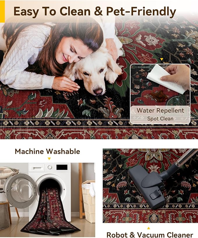 RELEANY Area Rugs Large 9'x12' Washable Non-Slip, Floral Vintage Distress Medallion Carpet for Living Room Bedroom Dining Room, Red Black