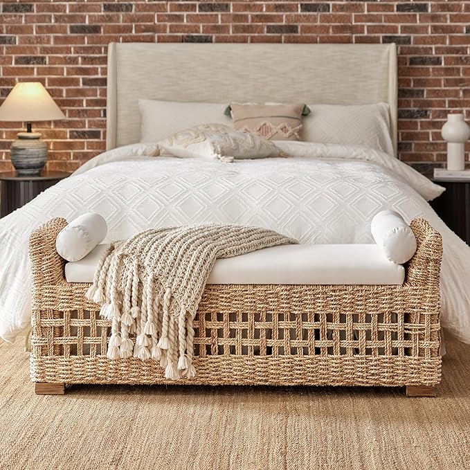 HULALA HOME 56" Rattan Storage Bench, Boho Wicker End of Bed Bench, Natural | Water Hyacinth Frame, Hollow-Carved Design, Armrests and Round Pillows, for Bedroom Entryway Living Room
