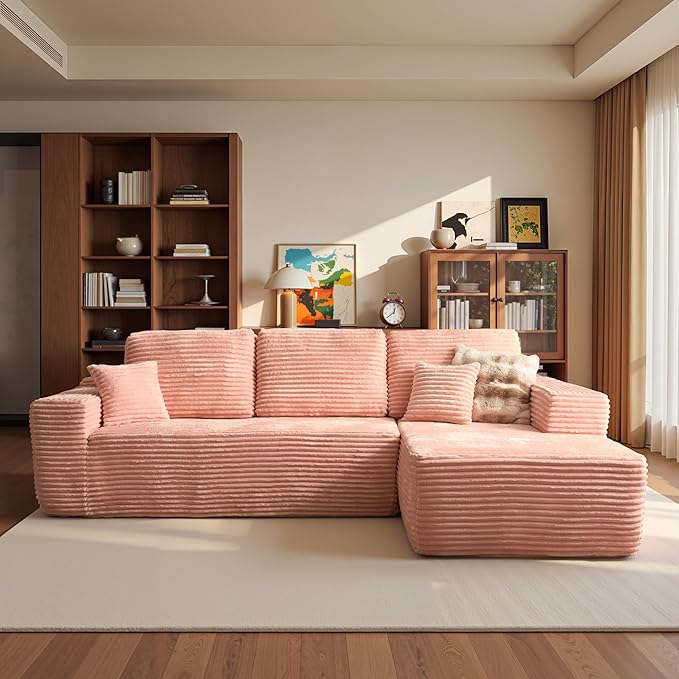 ovios 104" Cloud Boneless Couch with L-Shape Chaise,Modern Sectional Modular Sofa with Deep Seat, Upholstered Couches for Living Room Bedroom,No Assembly Required, Pink (Plush Corduroy Fabric)