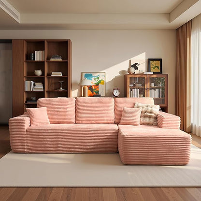 ovios 104" Cloud Boneless Couch with L-Shape Chaise,Modern Sectional Modular Sofa with Deep Seat, Upholstered Couches for Living Room Bedroom,No Assembly Required, Pink (Plush Corduroy Fabric)