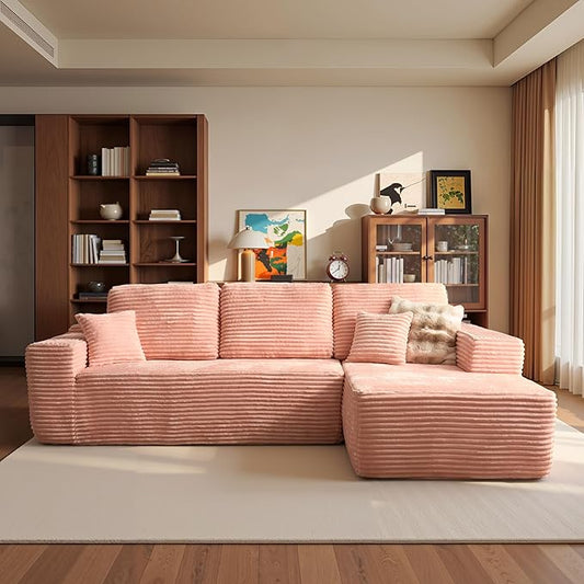 ovios 104" Cloud Boneless Couch with L-Shape Chaise,Modern Sectional Modular Sofa with Deep Seat, Upholstered Couches for Living Room Bedroom,No Assembly Required, Pink (Plush Corduroy Fabric)