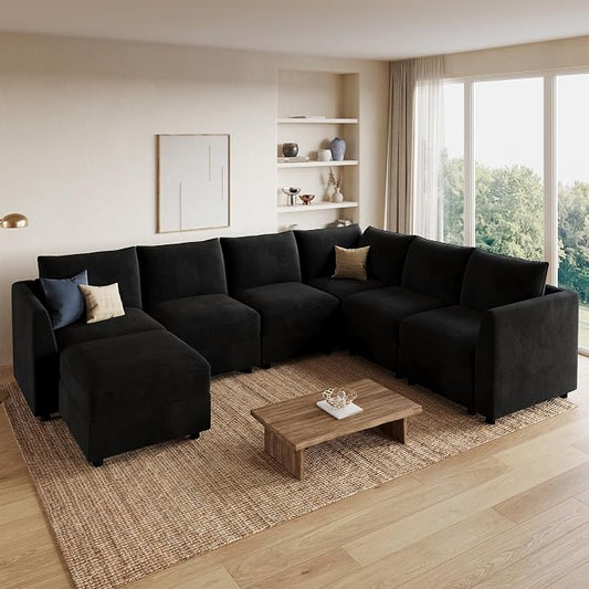 HONBAY Modular Sectional Sofa with Storage U Shape Sectional Sofa Velvet Sectional Couches for Living Room,Black