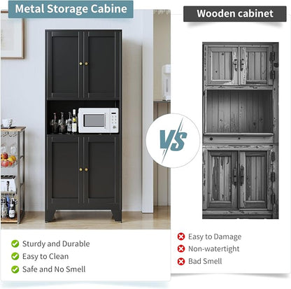 69" Tall Metal Pantry Cabinet with Microwave Stand,Microwave Storage Cabinet with 4 Doors & 3 Adjustable Shelves for Kitchen (4doors-Black, 13.78" D x 27.54" W x 68.9" H)