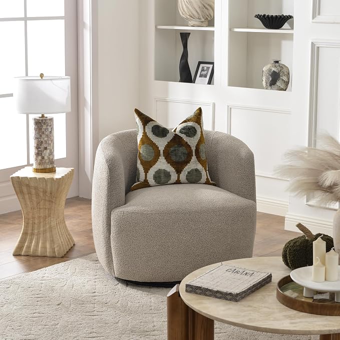 KINWELL 34" Wide Boucle Swivel Barrel Chair, No Assembly Round Upholstered Armchair Accent Chair Single Sofa Chair with Toss Pillow for Living Room and Bedroom, Taupe