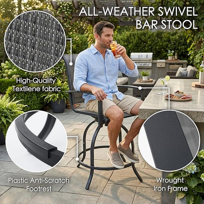 Kozyard Outdoor Swivel Bar Stools Set of 2, 360° Swivel Counter-Height Patio Bar Chairs with High Back, Powder-Coated Steel Frame & Textilene Fabric for Backyard, Balcony, Kitchen Island Gray