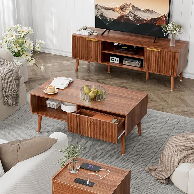 LCRBOL Coffee Table with Fluted Drawer, Mid-Century, Walnut | 39.3"W x 19.7"D x 17.1"H, 1 fluted drawer & open shelf, golden handle, 5 legs, ~45 min assembly