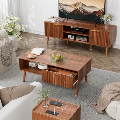 LCRBOL Coffee Table with Fluted Drawer, Mid-Century, Walnut | 39.3"W x 19.7"D x 17.1"H, 1 fluted drawer & open shelf, golden handle, 5 legs, ~45 min assembly