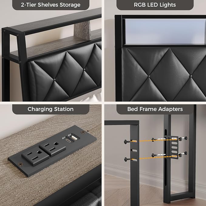 King Headboard Only, Headboard for King Size Bed with Storage, Upholstered Headboards with LED Lights & Charging Station, Attach Frame, Ideal for Bedroom/Dorm/Guest Room, Black, Faux Leather