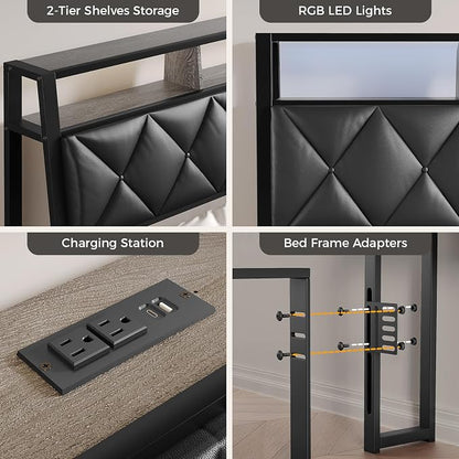 King Headboard Only, Headboard for King Size Bed with Storage, Upholstered Headboards with LED Lights & Charging Station, Attach Frame, Ideal for Bedroom/Dorm/Guest Room, Black, Faux Leather