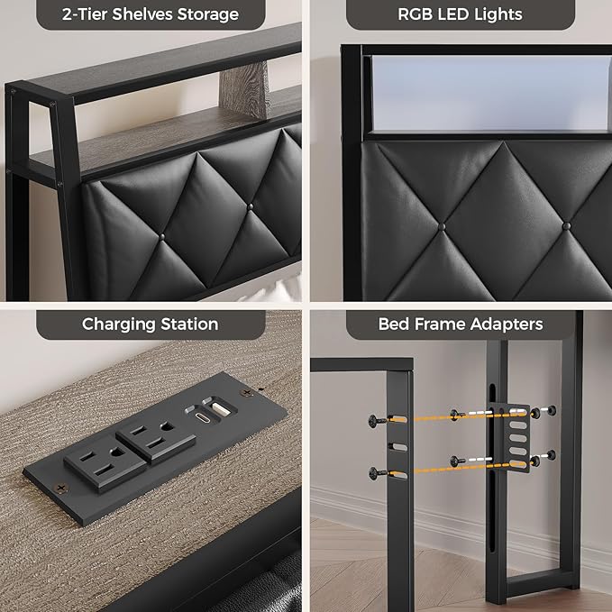 Full Headboard Only, Headboard for Full Size Bed with Storage, Upholstered Headboards with LED Lights & Charging Station, Attach Frame, Ideal for Bedroom/Dorm/Guest Room, Black, Faux Leather
