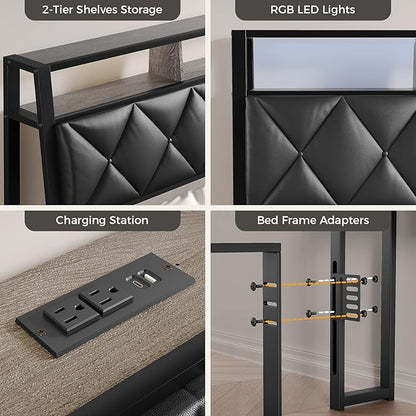 Full Headboard Only, Headboard for Full Size Bed with Storage, Upholstered Headboards with LED Lights & Charging Station, Attach Frame, Ideal for Bedroom/Dorm/Guest Room, Black, Faux Leather