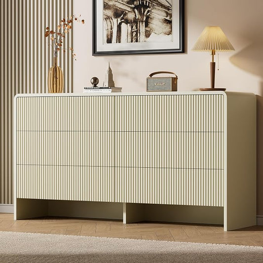 Furniway 55" Wide Modern Dresser for Bedroom, 6 Drawer Chest of Drawers with Curved Design, Push-to-Open Storage Dresser, Beige