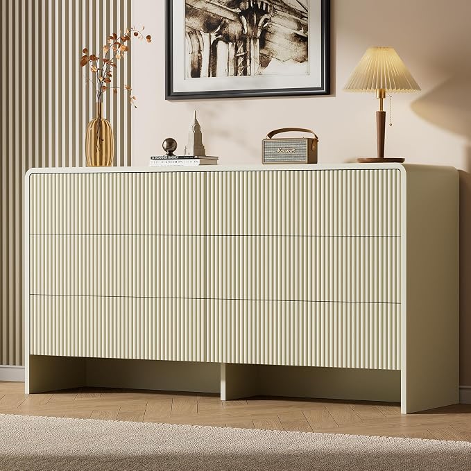 Furniway Bedroom Dresser Set 3 Piece, 6 Drawer Curved Dresser with 2 Nightstands, Modern Fluted Wood Storage Cabinet, White Chest of Drawers with Pop-Up Design, Beige