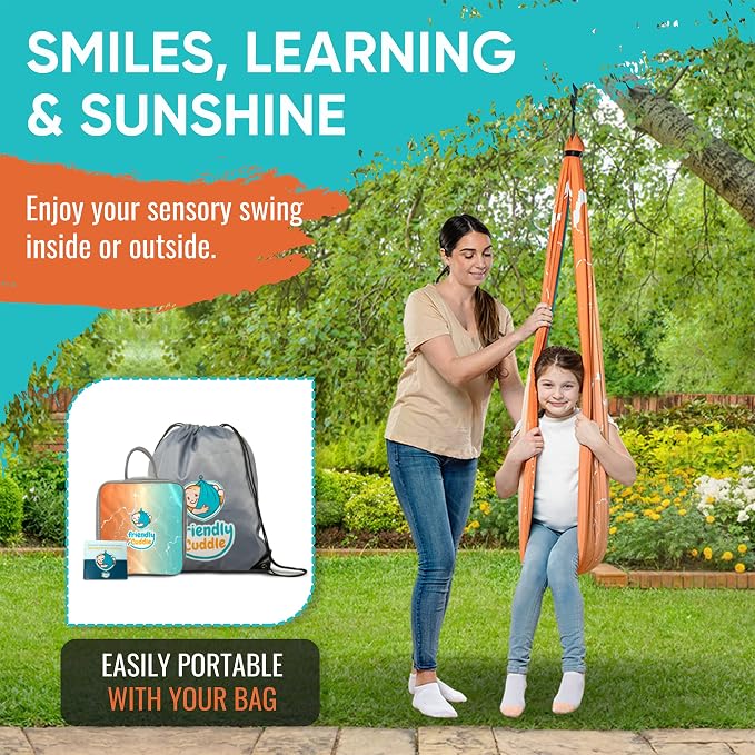 Indoor Sensory Swing for Kids or Outdoor – Holds 300lbs, Double-Layer, & 360° Swivel, Calming Compression Therapy Swing Hammock for Kids & Adults with All Hardware – Sensory-Motor Toys & Gifts