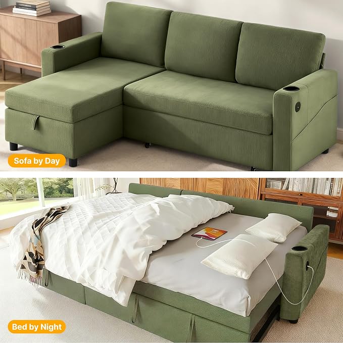 KISLOT 84 Inch Sectional Sleeper Sofa with Pull Out Bed Convertible 2 in 1 Couch with Storage Chaise & USB Charging Comfy L Shaped Modular Couches for Living Room Apartment(2 Box)