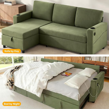 KISLOT 84 Inch Sectional Sleeper Sofa with Pull Out Bed Convertible 2 in 1 Couch with Storage Chaise & USB Charging Comfy L Shaped Modular Couches for Living Room Apartment(2 Box)