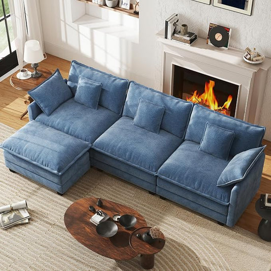 WorthFurni 111.4” Cloud Couch, Modular Sectional Sofa with Ottoman, Comfy Modern 3-Seater Couches with Pillows & Upholstered Deep Seat Cushion for Apartment Living Room Bedroom (Blue)