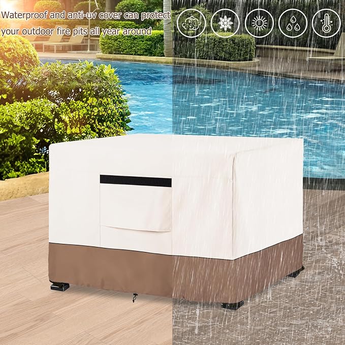 Fire Pit Cover,Outdoor Heavy Duty 600D 100% Waterproof Fire Pit Cover Square,Weatherproof Firepit Covers Square 30" W x 30" D x 25" H,Beige & Brown