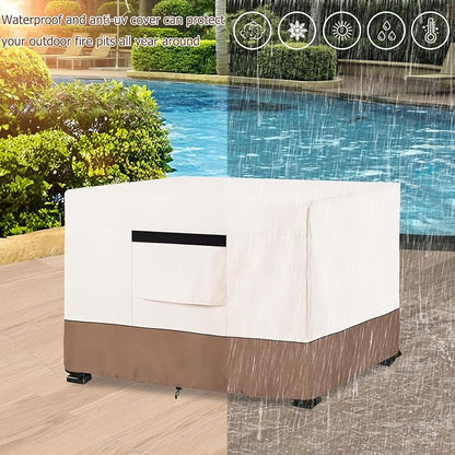 Fire Pit Cover,Outdoor Heavy Duty 600D 100% Waterproof Fire Pit Cover Square,Weatherproof Firepit Covers Square 44" W x 44" D x 24" H,Beige & Brown
