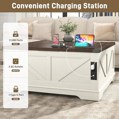 Hlivelood 40” Large Farmhouse Lift Top Coffee Table with Power Outlets and Large Hidden Storage, Square Wood Living Room Tables, Multi-Function Lift Wooden Barn Door Center Table, Rustic White