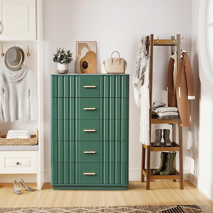Fluted 5 Drawers Dresser for Bedroom, 47" Tall Modern Chest of Drawers with Metal Handle, Wooden Dresser TV Stand, Wood Closet Clothes Storage Organizer for Living Room, Hallway, Green