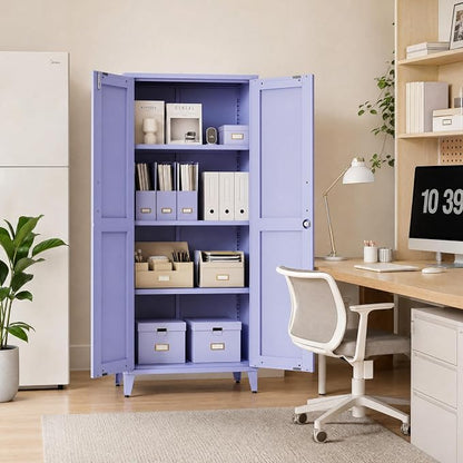 Lockable 61 Inch Tall Metal Storage Cabinet with Adjustable Shelves,4-Tier Steel Storage Locker,2-Door Metal Display Cabinet for Bedroom,Living Room, Home Office Purple