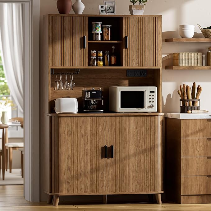 Lulive 71" Tall Pantry Cabinet with Rolling & Sliding Doors, 39" Wide Kitchen Storage Cabinet with Charging Station and Open Countertop, Modern Kitchen Pantry Cabinet for Dining Room, Walnut