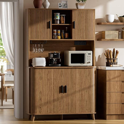Lulive 71" Tall Pantry Cabinet with Rolling & Sliding Doors, 39" Wide Kitchen Storage Cabinet with Charging Station and Open Countertop, Modern Kitchen Pantry Cabinet for Dining Room, Walnut