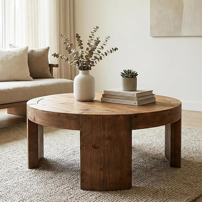 Solid Wood Round Coffee Table, 31.5-Inch Farmhouse Circle Center Cocktail Tea Table for Living Room, Wood Home Living Room Furniture, Easy Assembly, Rustic Brown
