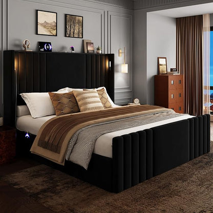 Queen Bed Frame with 55.1" Tall Headboard, Velvet Upholstered Platform Bed with Channel Tufted Wingback, 2 Reading Lights/Storage Shelf/Charging Station/Easy Assembly/Noise-Free, Black