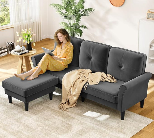 Kidirect Small Sectional Couch, 83" L Shaped Couch, Comfy Velvet Couches for Living Room, Tool-Free Setup Modular Sectional Sofa, 850lbs Load Sofas for Living Room with 1 Movable Ottoman, Grey Couch