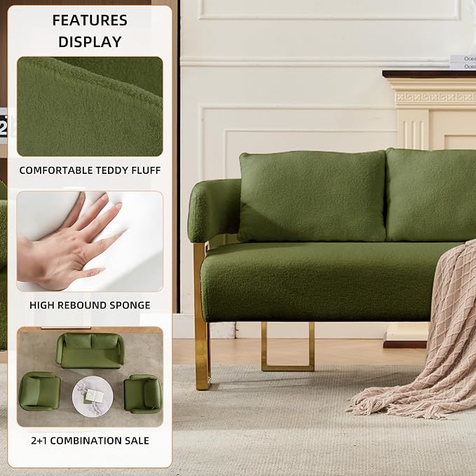 YISHENG Loveseat Sofa Modern Accent Chairs for Living Room with Golden Metal Legs Soft Teddy Upholstered Reading Armchairs no Wheels for Reception Room//Bedroom/Lounge/Office, Green