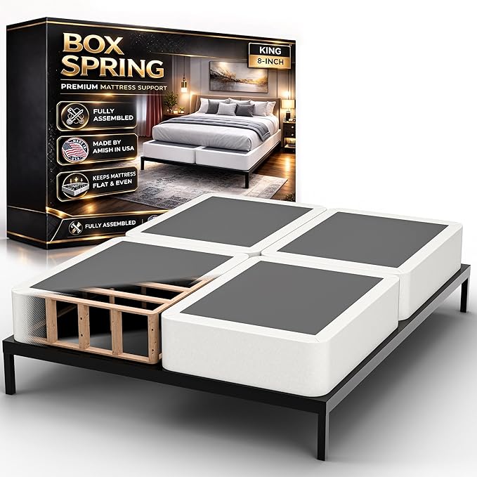 Nutan, 8-Inch Sturdy Wood Box Spring for Mattress Support - Durable and Fully Assembled, Natural Wood Foundation for King(Fold), White