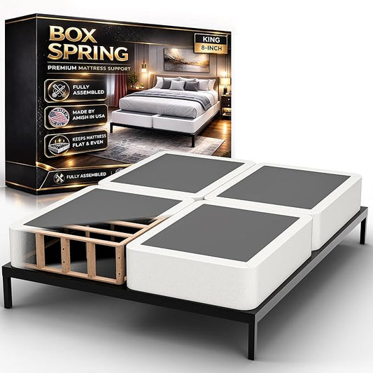 Nutan, 8-Inch Sturdy Wood Box Spring for Mattress Support - Durable and Fully Assembled, Natural Wood Foundation for King(Fold), White