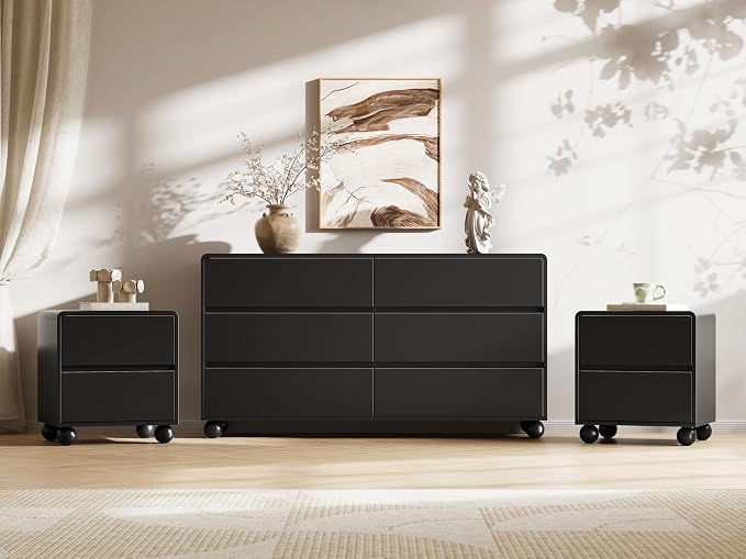 MAISONARIA Mid-Century 3-Piece Dresser Bedroom Set, 6 Drawer Dresser & 2 Drawer Nightstands with Curved Profile Design & Handle Free, Wood Chest of Drawers for Bedroom, Living Room, Hallway, Black