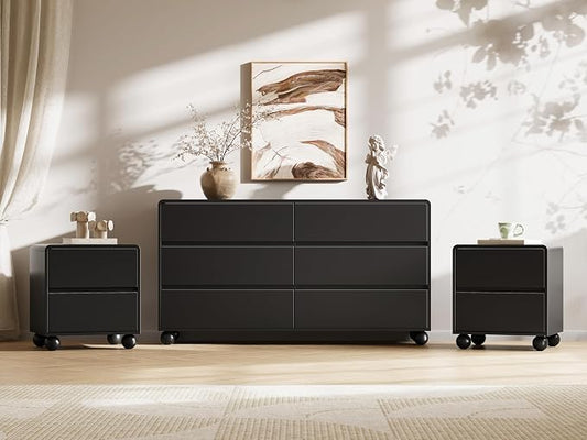 MAISONARIA Mid-Century 3-Piece Dresser Bedroom Set, 6 Drawer Dresser & 2 Drawer Nightstands with Curved Profile Design & Handle Free, Wood Chest of Drawers for Bedroom, Living Room, Hallway, Black