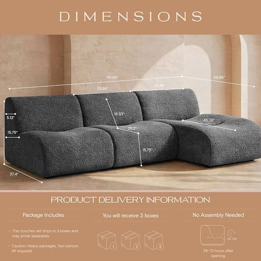 Curved Sectional Modular Couch with Chaise, Modern 106.3'' Boneless Sofa with Deep Seat, Sherpa Boucle Cloud Couch for Living Room, Cozy Teddy L-Shaped Couches，No Assembly, Gray