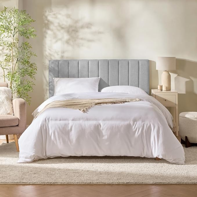 Hearth & Harbor Wall Mounted Full Headboard Only, Bed Headboard Full Size | Easy Assemble, Floating Peel and Stick, Upholstered, Channel Stitched, 3D Wall Panels, 5 Strips of 3M Tape Included, Silver