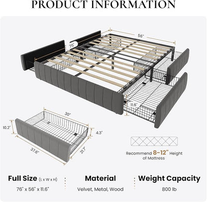 SHA CERLIN Full Size Velvet Upholstered Platform Bed Frame with 4 Storage Drawers, Vertical Channel Tufted, Low Profile, Fits Standard Headboards, Wooden Slats Support, Easy Assembly, Grey