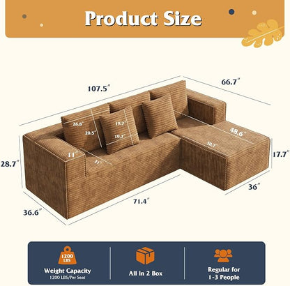 WLIVE 108'' Cloud Sectional Couches for Living Room, Modular Boneless Couch with Right Facing Chaise, L Shape Memory Foam Corduroy, with Cushion, Brown