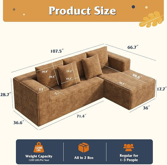 WLIVE 108'' Cloud Sectional Couches for Living Room, Modular Boneless Couch with Right Facing Chaise, L Shape Memory Foam Corduroy, with Cushion, Brown