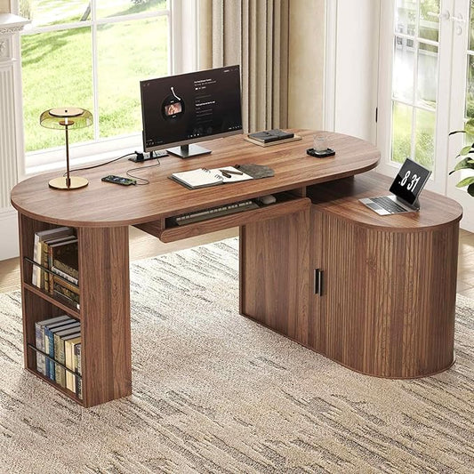 HSH Office L Shaped Computer Desk with Storage Cabinet, Reversible Corner L Desks with Keyboard Tray and Open Shelf, Home Office Executive Desk with Power Outlet for Study Workstation, Walnut 60 Inch