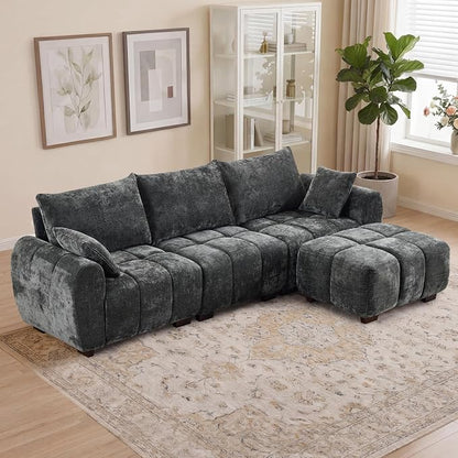 112" L Shaped Modular Sectional Sofa, Grey Chenille Cloud Couch, Modern Upholstered 4 Seater Couch with Removable Ottoman, Tufted Deep Seat & Wood Legs, Sectional Couches for Living Room Apartment