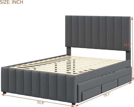 Bellemave Full Size Bed Frame with Twin Trundle Bed and Storage Drawers,Linen Upholstered Bed Frame,Full Size Trundle Bed with Adjustable Headboard for Kids Teens Adults,Gray