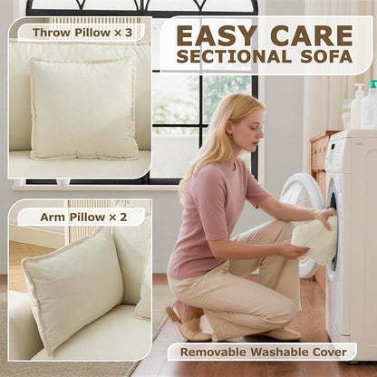 113” Modular Sectional Sofa, L Shaped Cloud Couches for Living Room, Beige | Comfy Chenille, Deep Seat, Bedroom, Apartment, Throw Pillow, Removable Washable Cover, Movable Ottoman, Easy Assembly, Modern